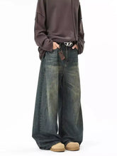 Men’s full size wide leg jeans in vintage wash denim with faded distressed look and subtle color variations