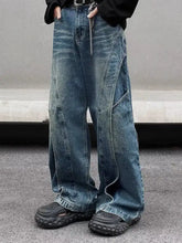 Men’s vintage wash wide leg jeans in faded blue denim with visible stitching details full size plus size