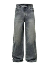 Men’s full size vintage wash wide leg jeans in faded dark gray denim with subtle distressing and five-pocket design