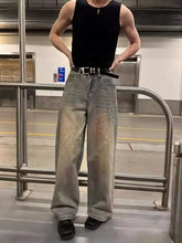 Men’s vintage wash wide leg jeans in faded gray denim with sparkling embellishments on the legs plus size full size