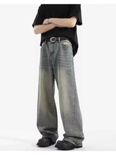 Men’s full size vintage wash wide leg jeans in faded gray denim with distressed details and classic five-pocket design