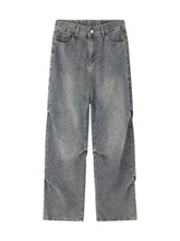 Men’s gray denim wide-leg jeans with vintage wash and faded side slit design in plus size full length