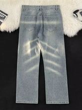 Men’s full size vintage wash wide leg light-wash denim jeans with faded distressed design and straight-leg cut