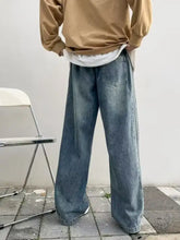 Men’s full size vintage wash wide leg jeans in light blue denim with classic stitching and back pockets shown from the back