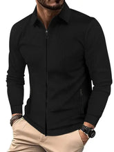 Men’s full size waffle knit zip up jacket in black with zipper front ribbed texture and side pockets