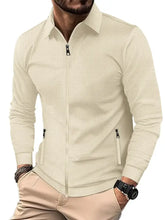 Beige men’s full size waffle knit zip up jacket with subtle checkered pattern and black zipper accents