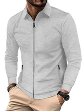 Men’s full size waffle knit zip up jacket in light gray with textured pattern, zipper front, and side pockets