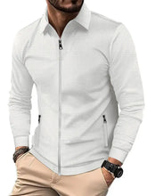 Men’s full size waffle knit zip up jacket in white with subtle checkered pattern and black zipper accents