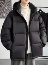 Black plus size men’s full size warm padded puffer jacket with hood and quilted design for cold weather