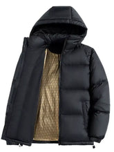 Men’s plus size black full size warm padded puffer jacket with hood and gold honeycomb-patterned lining