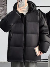 Men’s black plus size warm padded puffer jacket with quilted design and hood for full size warmth and comfort