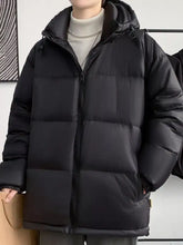 Men’s black quilted plus size full warm padded hooded puffer jacket with front zipper for cold weather