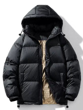 Men’s black plus size warm padded puffer jacket with hood and quilted design featuring gold hexagonal lining