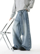 Men’s full size wash belted wide leg jeans in light blue faded denim with a tie-side waistband detail