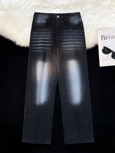 Men’s black denim size wash wide leg jeans with horizontal striped fading and straight-leg cut in plus size