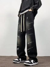 Men’s black distressed denim wide-leg jeans plus size with white drawstrings in full size wash design