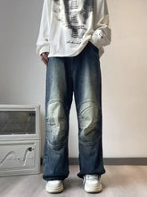 Men’s dark-wash denim wide leg jeans with faded reinforced knee patches and a relaxed fit for perfect fit plus size