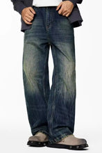 Men’s dark-wash wide leg jeans plus size with faded distressed detailing in full size wash denim material