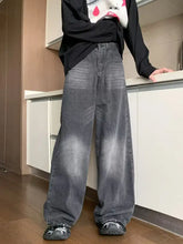 Men’s full size wash wide leg jeans in dark gray denim with faded distressed wash and classic five-pocket design