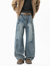 Men’s full size wash wide leg jeans in faded blue denim with visible stitching and patch pockets