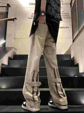 Beige cargo wide-leg jeans plus size featuring multiple zippers and utility pockets in full size wash design
