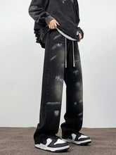 Men’s black distressed denim wide-leg jeans plus size with relaxed fit and white drawstring for casual wear