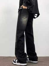 Black wide-leg jeans plus size with faded distressed finish and visible stitching in denim material for men