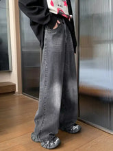 Men’s full size wash wide leg jeans in dark gray denim with faded wash and classic five-pocket design