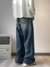 Men’s dark-wash denim wide-leg jeans with cargo pockets offering a perfect fit in full size plus wide leg design