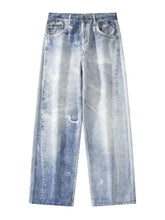 Men’s full size wash wide leg jeans in light-wash denim with a faded distressed look and wide-leg cut