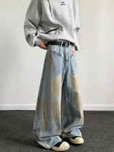 Men’s plus size wide-leg jeans feature faded distressed denim with a subtle light blue to beige color gradient
