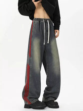 Men’s dark-wash wide-leg jeans with bold red stripe and white drawstrings at elastic waist plus size fit with tape measure