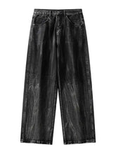 Men’s full size wash wide leg relaxed fit black denim jeans with distressed faded wash and visible stitching