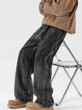 Men’s full size wash wide leg relaxed fit dark-wash denim jeans with visible stitching details