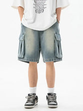 Mens Washed Cargo Denim Shorts Plus Size with Elastic Cuffs