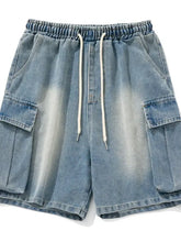 Light blue washed cargo denim shorts plus size with elastic waistband