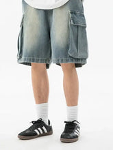 Men’s plus size washed cargo denim shorts with multiple pockets