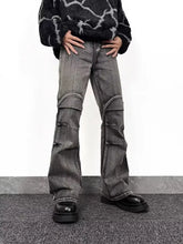 Men’s full size washed flare jeans in dark gray denim with reinforced patchwork panels and a flared leg cut