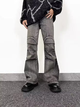 Men’s dark gray denim washed flare jeans with reinforced knee patches in full size plus size fit