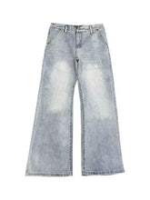 Men’s full size washed flare jeans in light wash denim with wide-leg flared silhouette and subtle fading for casual wear