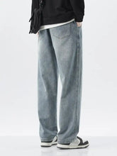 Men’s light-wash denim jeans with a washed loose fit wide leg and subtle fading for a modern casual look