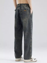 Dark-wash denim men’s full size washed relaxed fit jeans with elastic waistband and plus size design