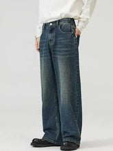 Men’s full size washed straight jeans in dark-wash denim with a relaxed wide-leg cut and classic five-pocket design