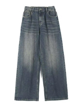 Men’s full size washed straight jeans in faded dark blue denim with high-waisted wide-leg fit and reinforced stitching