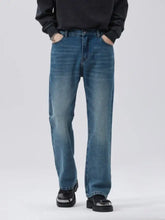 Men’s mid-wash blue denim straight leg jeans with classic five-pocket design in full size plus size options