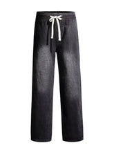 Men’s full size washed wide leg black denim jeans with white drawstring waistband in plus size fit