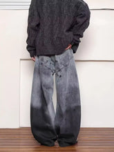 Men’s full size washed wide leg jeans in denim with a gradient fade from light gray to dark charcoal and relaxed fit