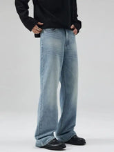 Men’s full size washed wide leg jeans in light-wash denim with a straight-cut silhouette and subtle fading for a modern look