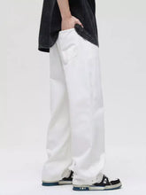 Men’s full size washed wide leg jeans in white denim with relaxed straight cut and visible stitching details