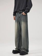 Men’s full size washed wide leg relaxed fit jeans in dark-wash denim with faded gradient and five-pocket design